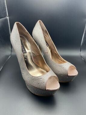 Steve Madden Heel Peeeps Platform 5.15" Heel Bling Rhinestones Open Toe Size 9.5